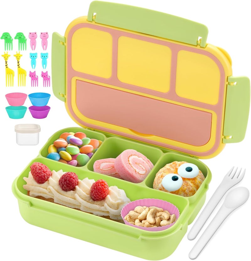 QQKO Bento Box for Kids Adults, School Toddler Lunch Box for Boys Girls, Lunch Box Containers with 4 Compartments, Sauce Container, Utensils, Food Picks and Muffin Cups for School, Pink Yellow Green - Image 1